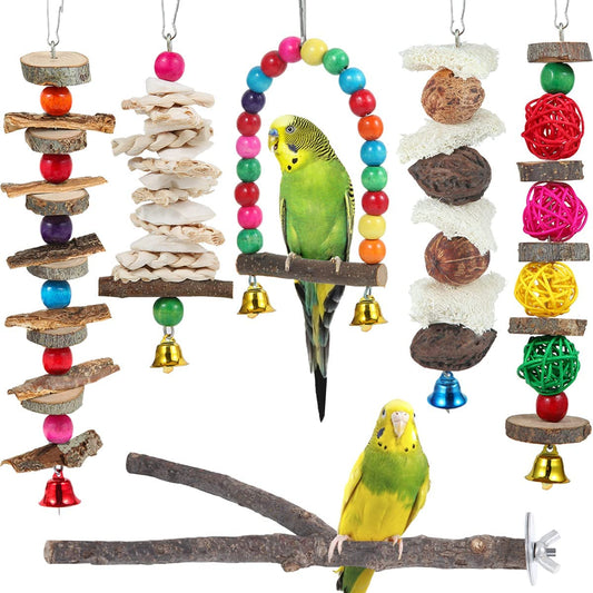 Exciting 6-Pack Bird Perch & Toy Set - Natural Wooden Chew Toys for Parakeets, Lovebirds, Cockatiels, and More!