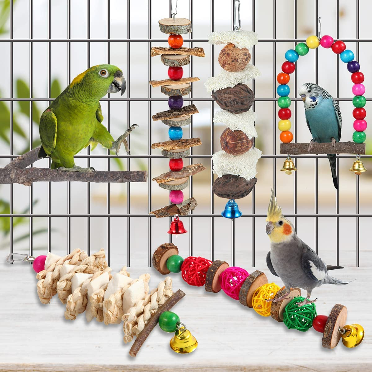 Exciting 6-Pack Bird Perch & Toy Set - Natural Wooden Chew Toys for Parakeets, Lovebirds, Cockatiels, and More!