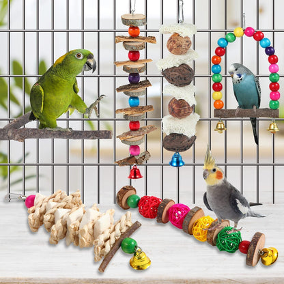 Exciting 6-Pack Bird Perch & Toy Set - Natural Wooden Chew Toys for Parakeets, Lovebirds, Cockatiels, and More!
