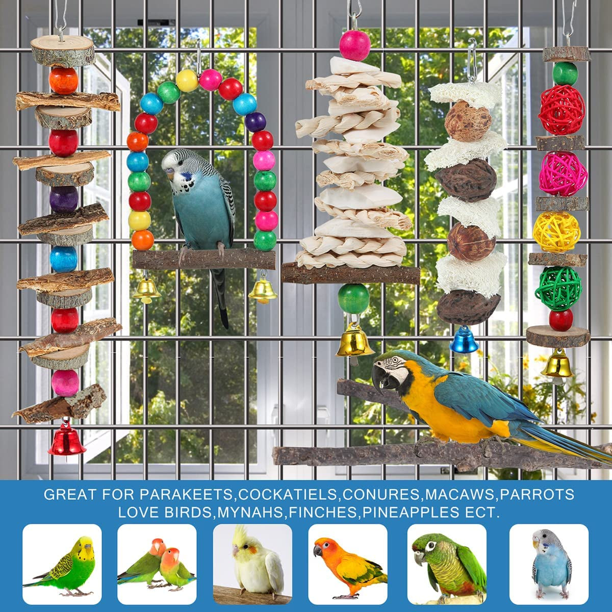 Exciting 6-Pack Bird Perch & Toy Set - Natural Wooden Chew Toys for Parakeets, Lovebirds, Cockatiels, and More!
