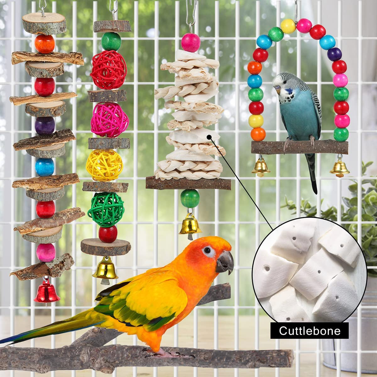 Exciting 6-Pack Bird Perch & Toy Set - Natural Wooden Chew Toys for Parakeets, Lovebirds, Cockatiels, and More!