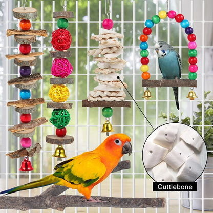 Exciting 6-Pack Bird Perch & Toy Set - Natural Wooden Chew Toys for Parakeets, Lovebirds, Cockatiels, and More!